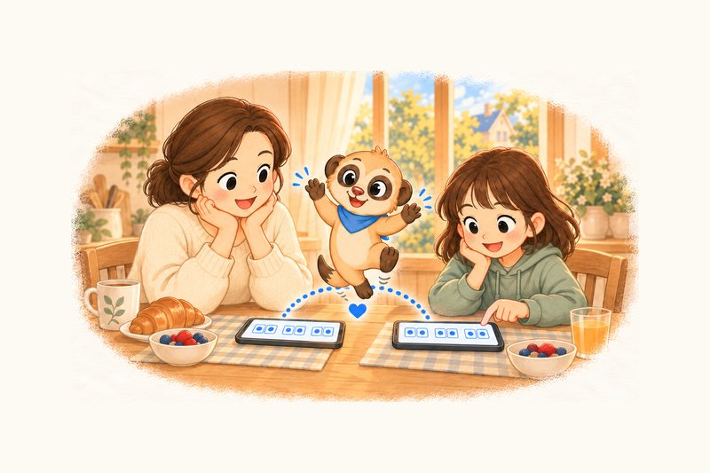 아침 식탁 위에 나란히 놓인 두 폰에 같은 여섯 칸 코드가 떠 있고, 엄마와 아이가 들여다보는 사이 두 폰이 점선으로 이어진 그림