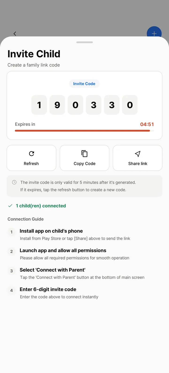 Invite Child screen on the parent's phone: a 6-digit invite code, time until it expires, and Copy Code and Share link buttons