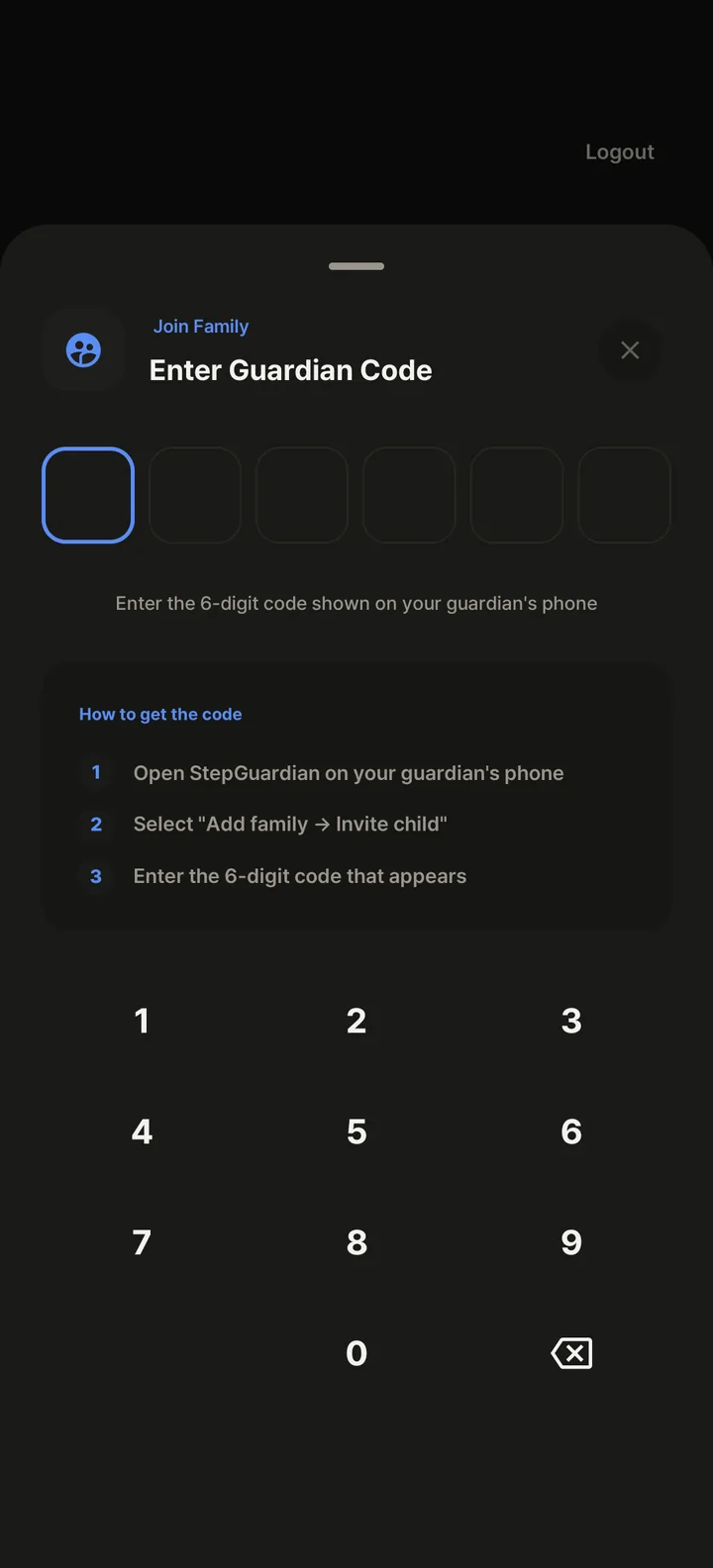 Enter Guardian Code screen on the child's phone: six input boxes and a number pad